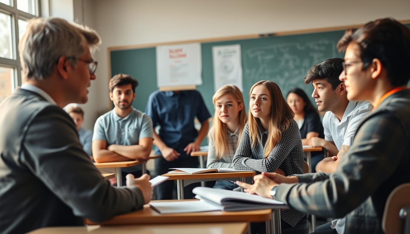 Students studying together in modern classroom